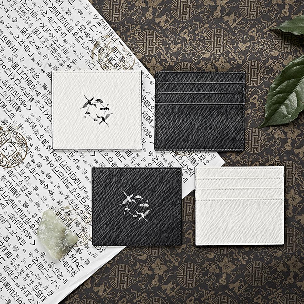 MADEHANMUT Card Wallet Vegan Leather Vintage Korean Style Crane Print 3 Pocket Modern Fashion Design